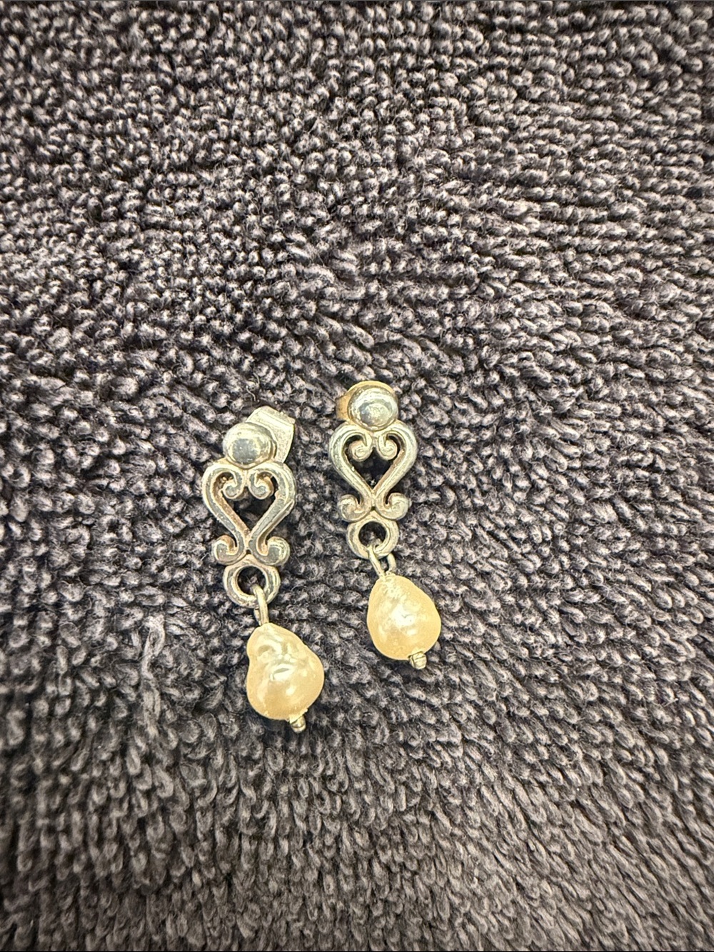 Brighton Silver Tone Heart Drop Earrings with Gold Pearl Accent